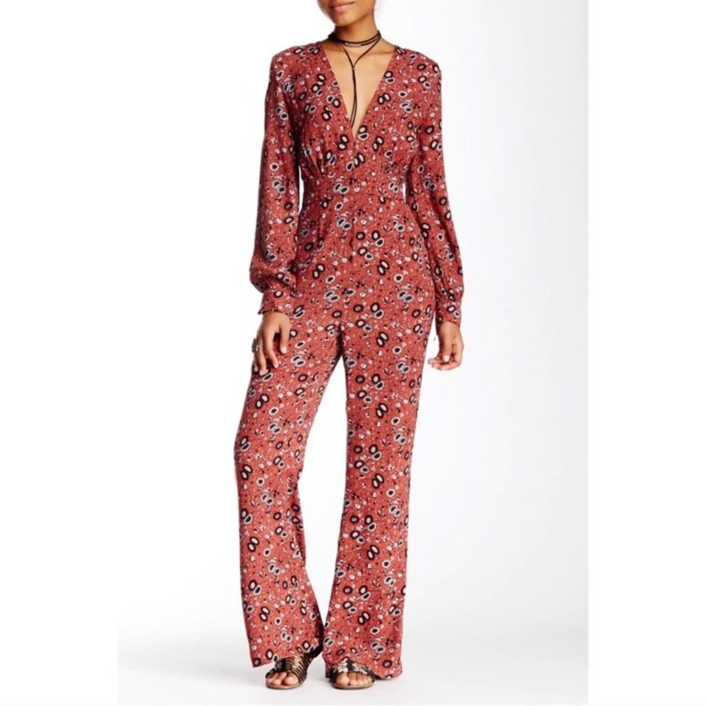 Free People Some Like It Hot Rust Floral Long-Sleeve Jumpsuit